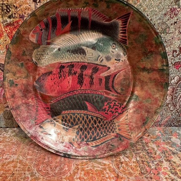 Handmade Reverse Decoupage Glass Plate – Vintage Fish Art  8" One-of-a-Kind - Picture 3 of 3